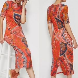 FARM Rio Orange Paisley Midi Dress with Navy & Pink Accents